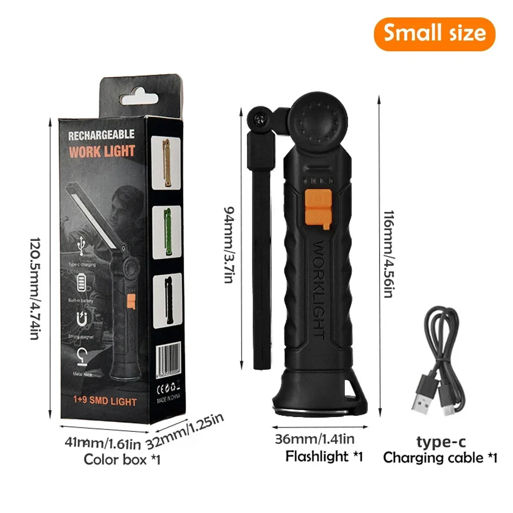 1-3PCS COB Work Light LED Work Flashlight Magnetic Base Rechargeable Hanging Hook 360° Rotate Portable Inspection Light Camping