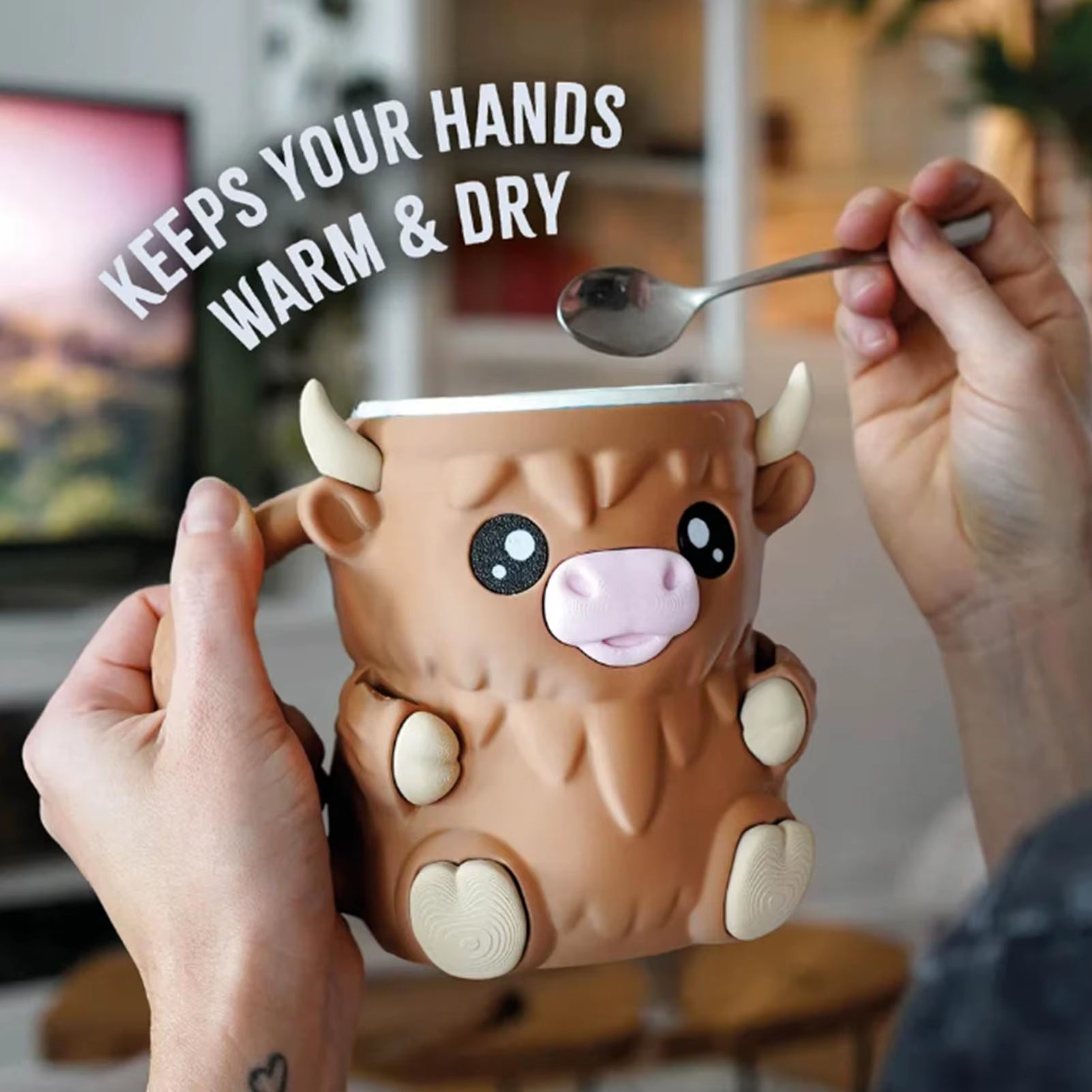 Highland Cow Ice Cream Pint Holder with Anti-Freeze Handle, Cute Animal Snack Tub for Kids, Portable for Yogurt, Dessert Party