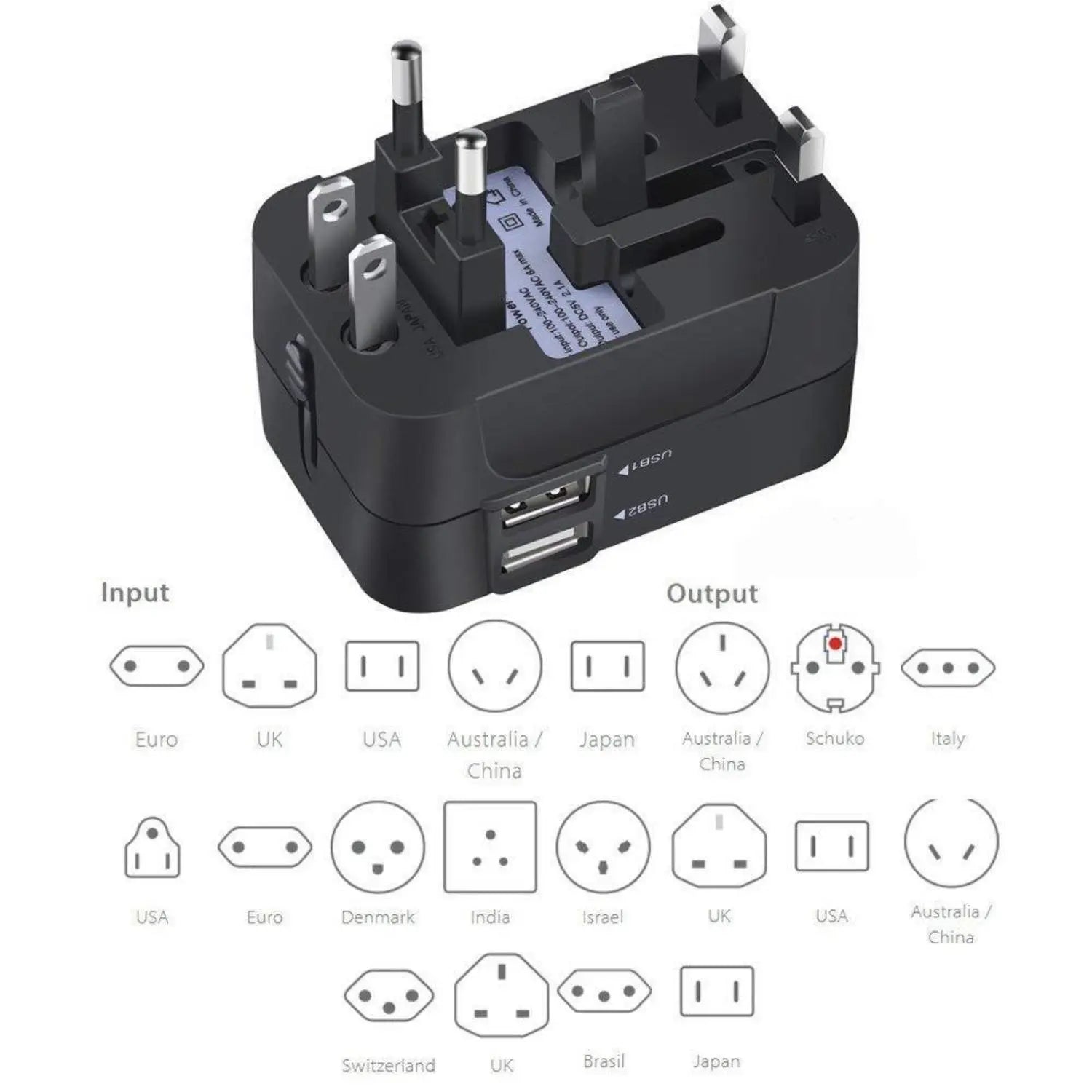 Universal Travel Plug Adapter, Universal Worldwide Travel Adapter, 2 USB Ports World Travel AC Power USB Multi Plug Adapter, Non-Fusion AC Power Adapter, Safety Surge Protector Outlet Universal Socket Adapters, USB Plug In