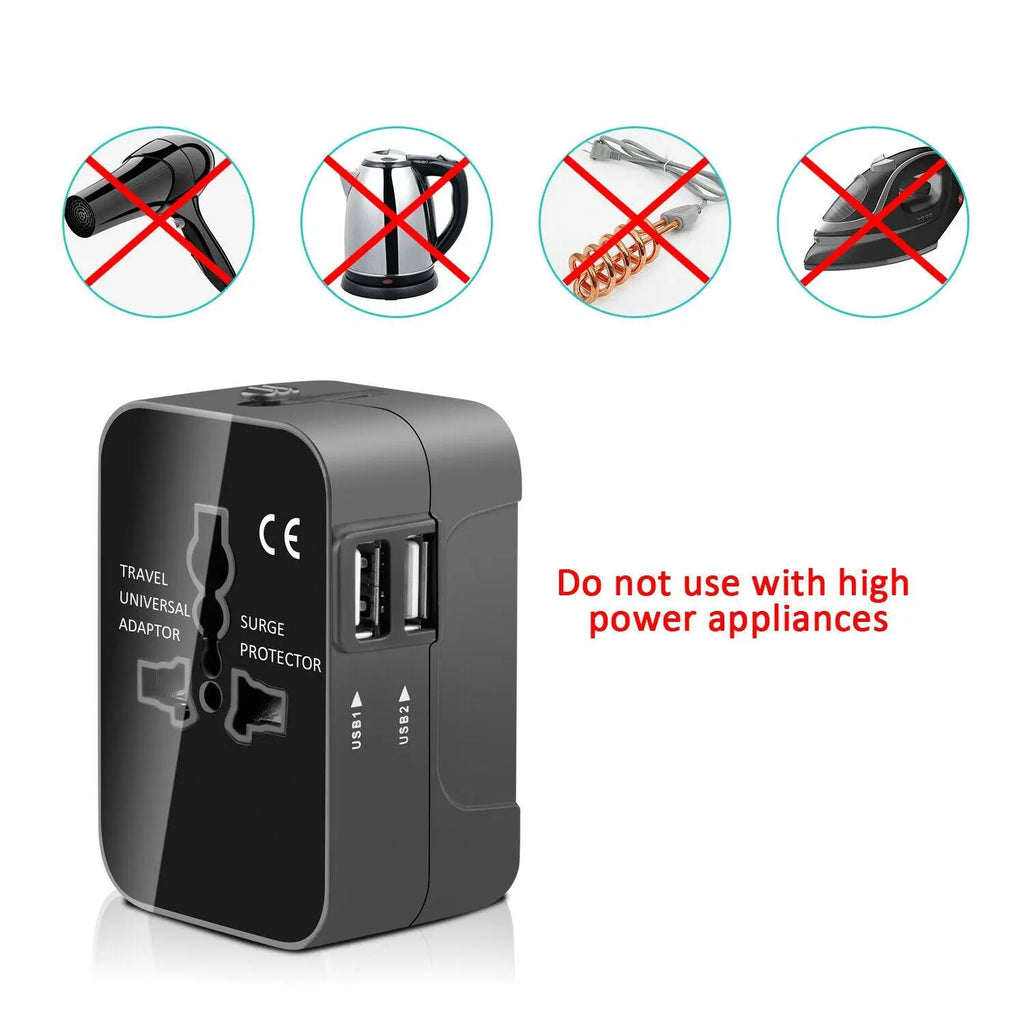 Universal Travel Plug Adapter, Universal Worldwide Travel Adapter, 2 USB Ports World Travel AC Power USB Multi Plug Adapter, Non-Fusion AC Power Adapter, Safety Surge Protector Outlet Universal Socket Adapters, USB Plug In