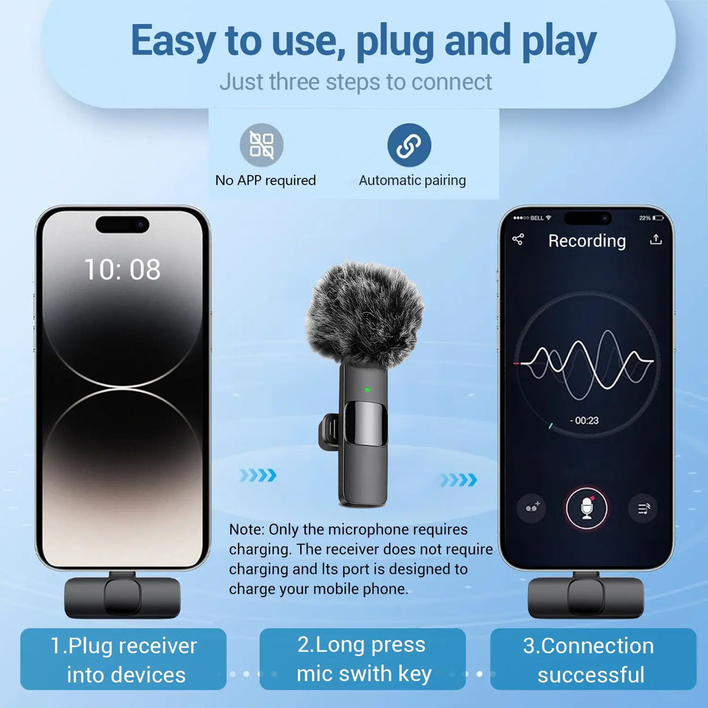 Wireless Lapel Microphone with Noise Reduction, Plug-And-Play Phone Mic for Iphone and Android, Professional Recording Mic for Live Streaming, Shorts Videos, Vlog, Interview, Online Classes, Lavalier Mic, Clip on Mic