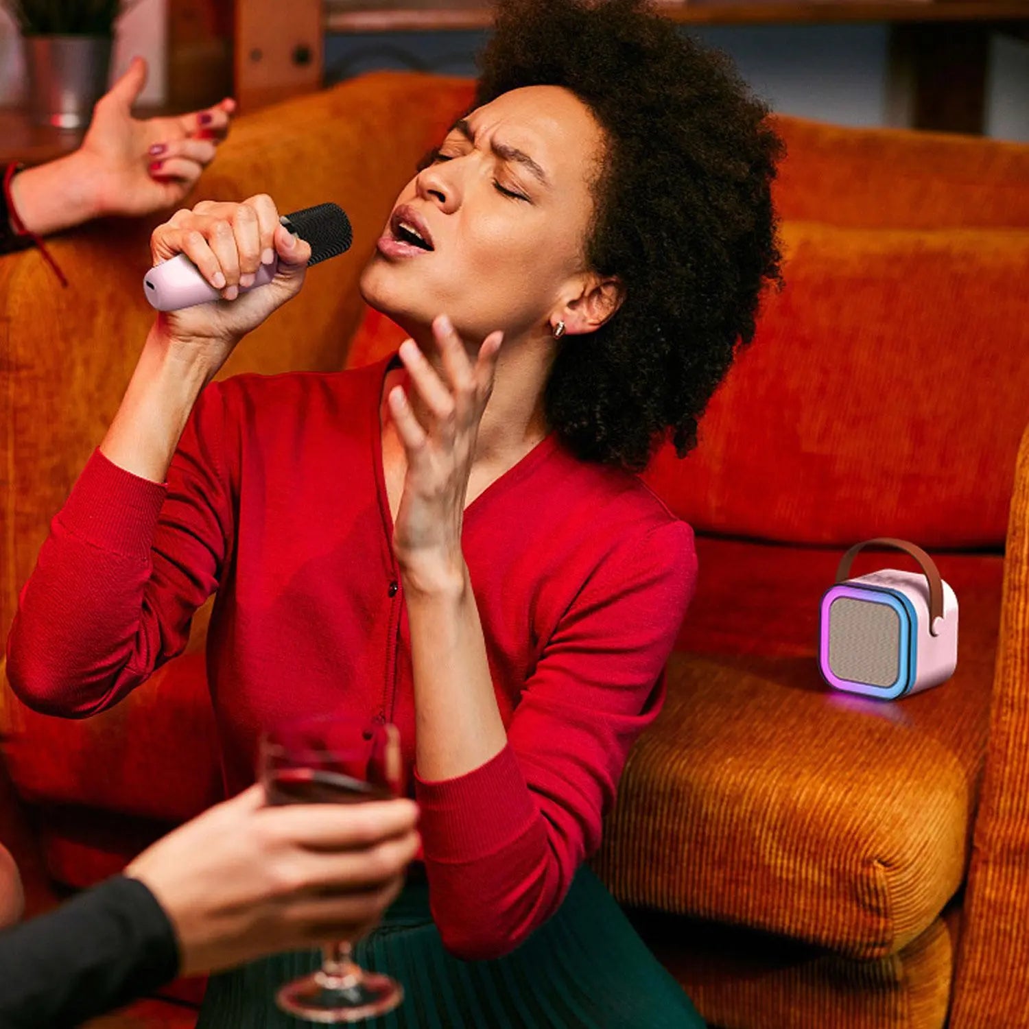 Wireless Karaoke Speaker with 2 Wireless Microphones, Rechargeable Hifi Stereo Sound KTV Speaker System, Wireless Speaker with RGB Colorful LED Lights, Portable Karaoke Machine
