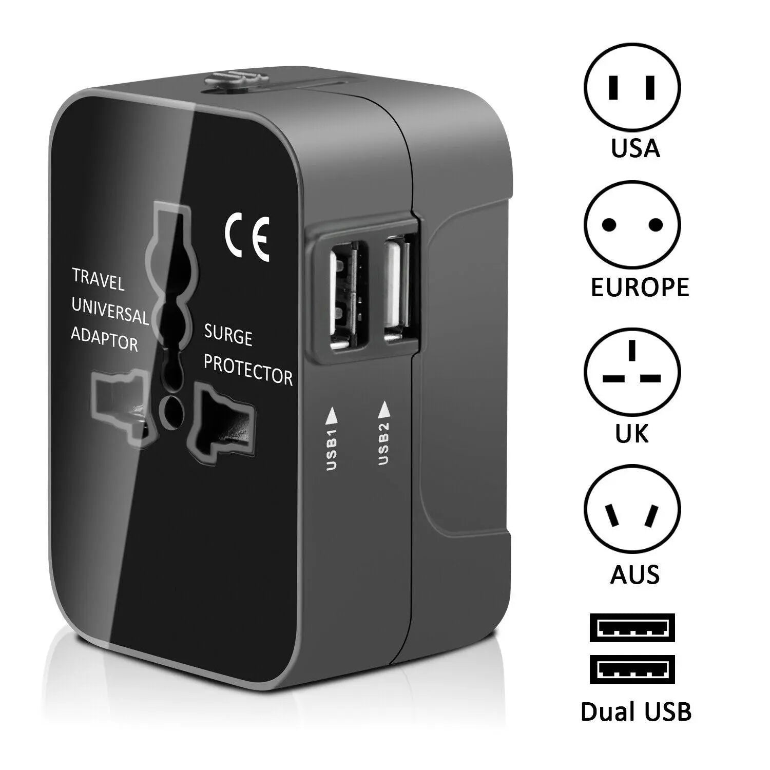 Universal Travel Plug Adapter, Universal Worldwide Travel Adapter, 2 USB Ports World Travel AC Power USB Multi Plug Adapter, Non-Fusion AC Power Adapter, Safety Surge Protector Outlet Universal Socket Adapters, USB Plug In