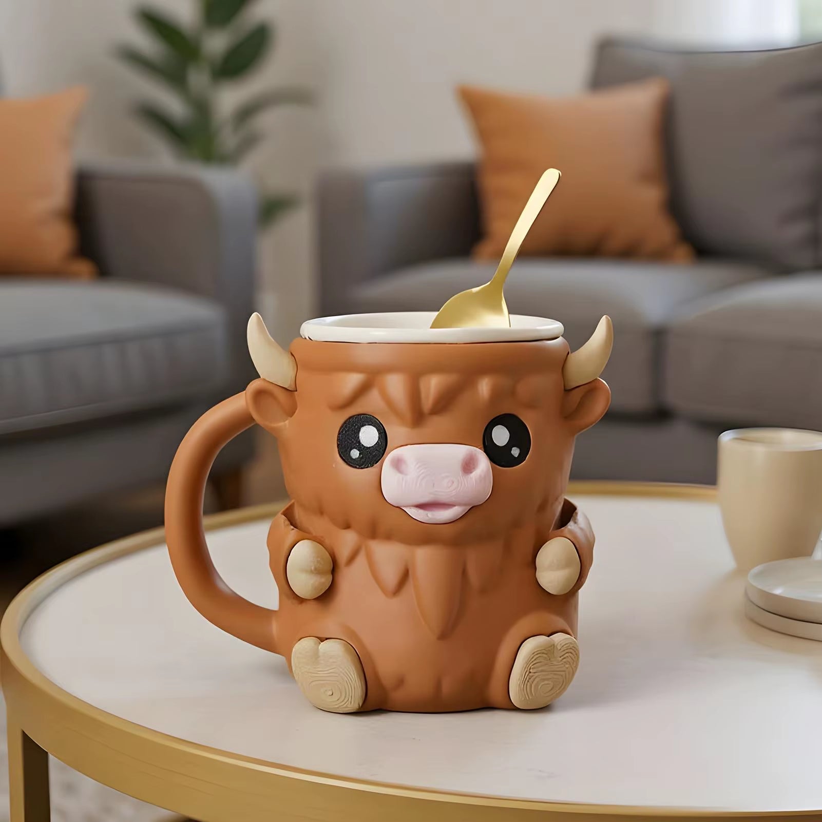 Highland Cow Ice Cream Pint Holder with Anti-Freeze Handle, Cute Animal Snack Tub for Kids, Portable for Yogurt, Dessert Party