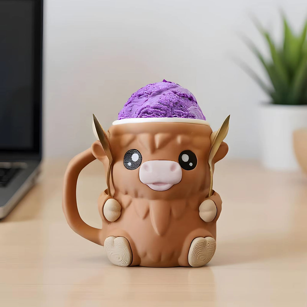 Highland Cow Ice Cream Pint Holder with Anti-Freeze Handle, Cute Animal Snack Tub for Kids, Portable for Yogurt, Dessert Party