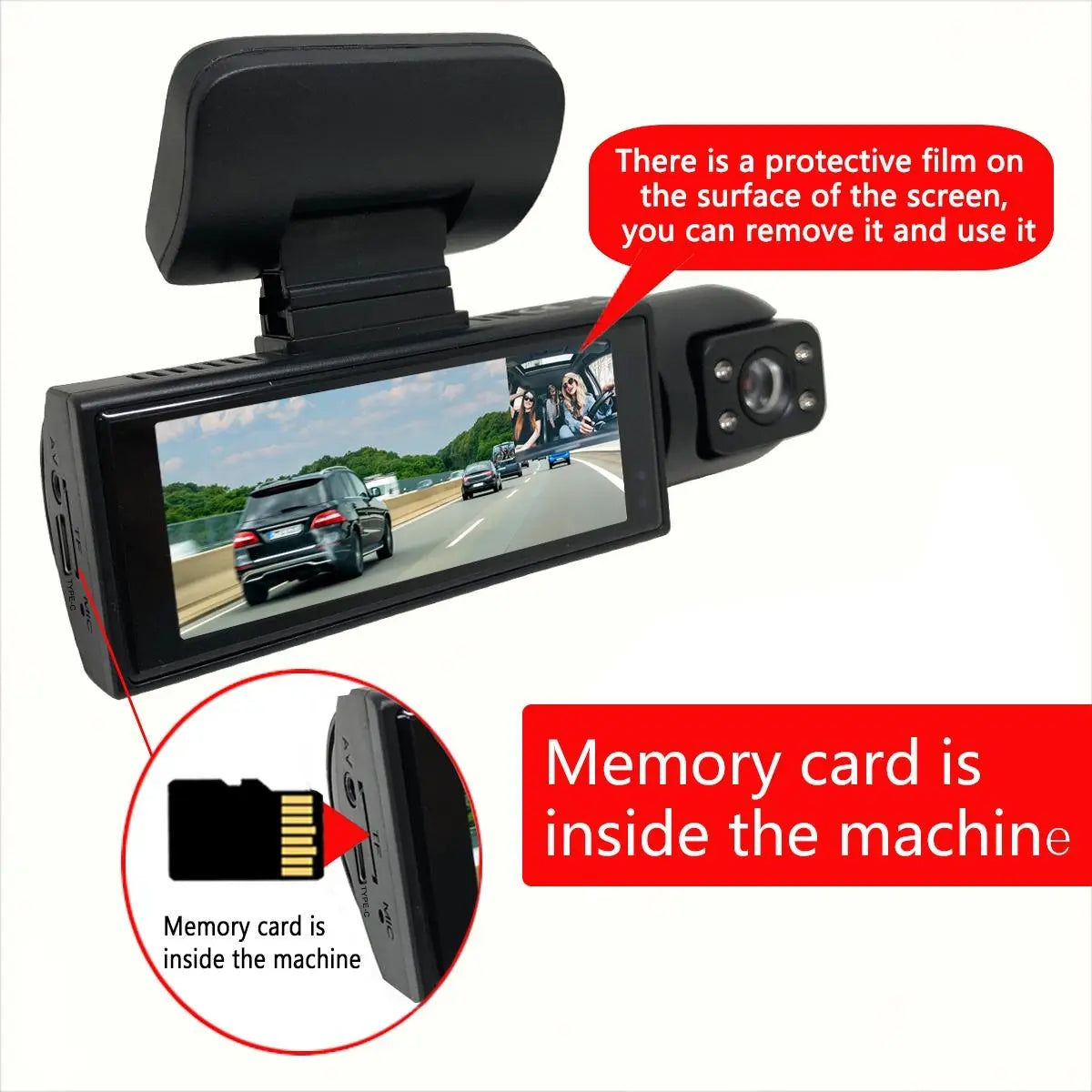 Dual Recording Car DVR Camera, Dash Cam with 64GB Memory Card, Wide Angle Car Dash Camera with 3.16 Inch Lps Screen, Video Surveillance, Jerl Dash Cam, Recording Camera, Car Dashcam(Non-Rechargeable Model; Must Be Plugged in for Use.)