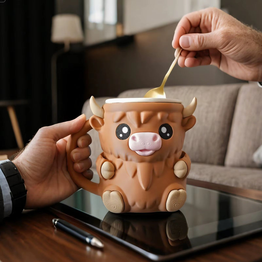 Highland Cow Ice Cream Pint Holder with Anti-Freeze Handle, Cute Animal Snack Tub for Kids, Portable for Yogurt, Dessert Party