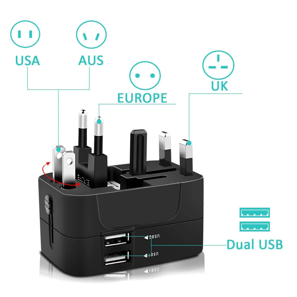 Universal Travel Plug Adapter, Universal Worldwide Travel Adapter, 2 USB Ports World Travel AC Power USB Multi Plug Adapter, Non-Fusion AC Power Adapter, Safety Surge Protector Outlet Universal Socket Adapters, USB Plug In