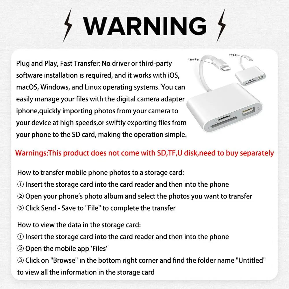 SD Card Reader OTG Adapter for Iphone, Memory Card Reader with USB Camera Adapter, Plug & Play Trail Game Camera SD Card Viewer for Ipad, SD Cards Reader