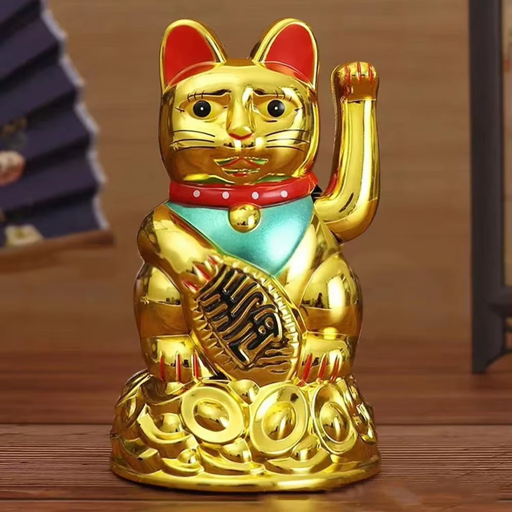 For Electric Waving Hand Ingot Lucky Cat Chinese Lucky Waving Cat Beckoning Maneki Neko Gold Fortune Feng Shui a Golden Stand