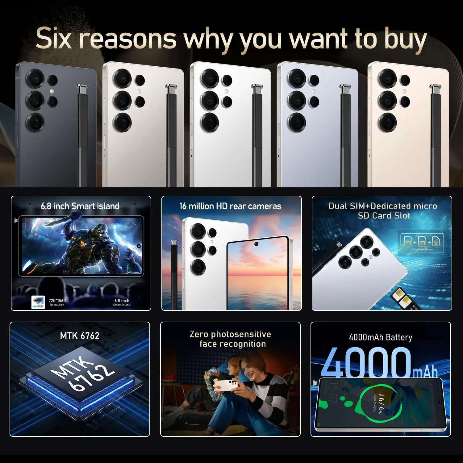 FUFFI 6.8-Inch Smartphone, 4+64GB / 6+128GB ROM, Unlocked Android 12.0 Phone with 8MP+16MP Dual Cameras, Dual-Sim Phone, Android Cell Phone